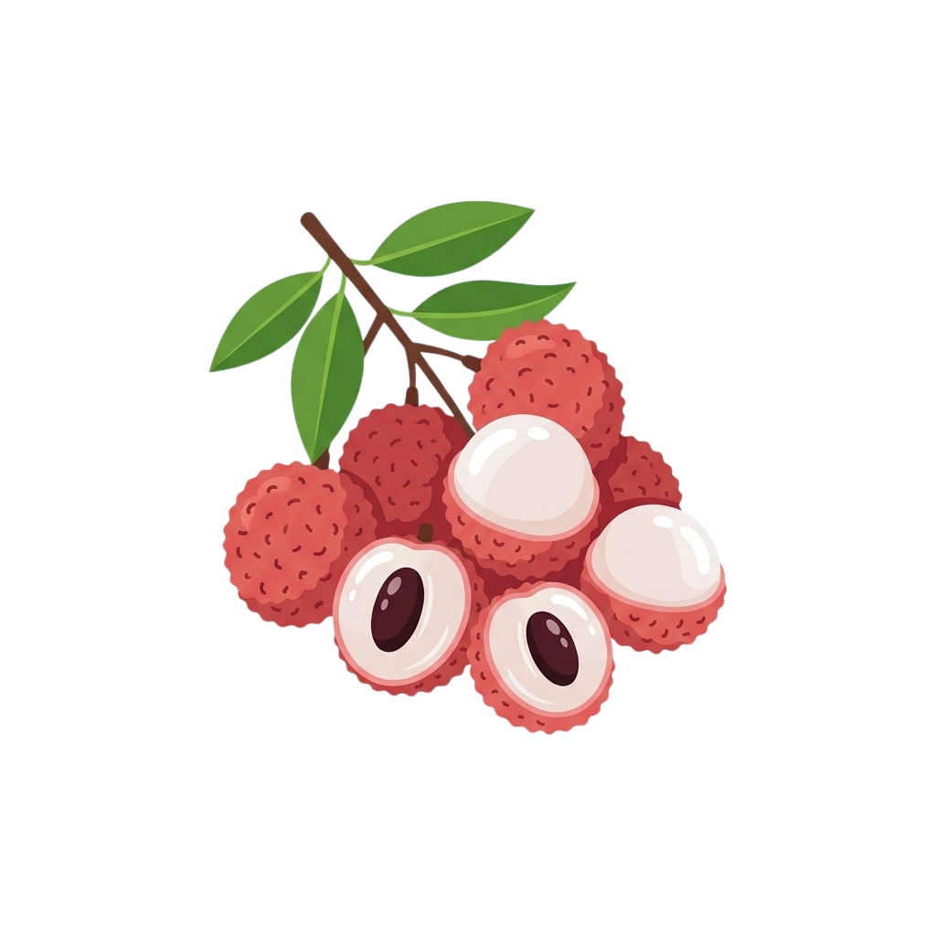 Cluster of red lychee fruits with some cut open showing white flesh and brown seed, attached to green leaves