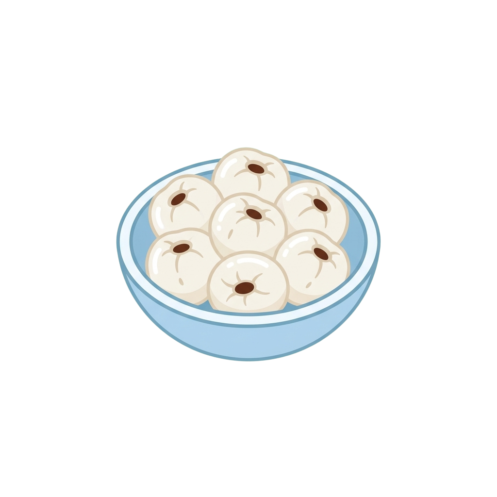 A light blue bowl filled with seven white round dumplings featuring a brown filling in the center