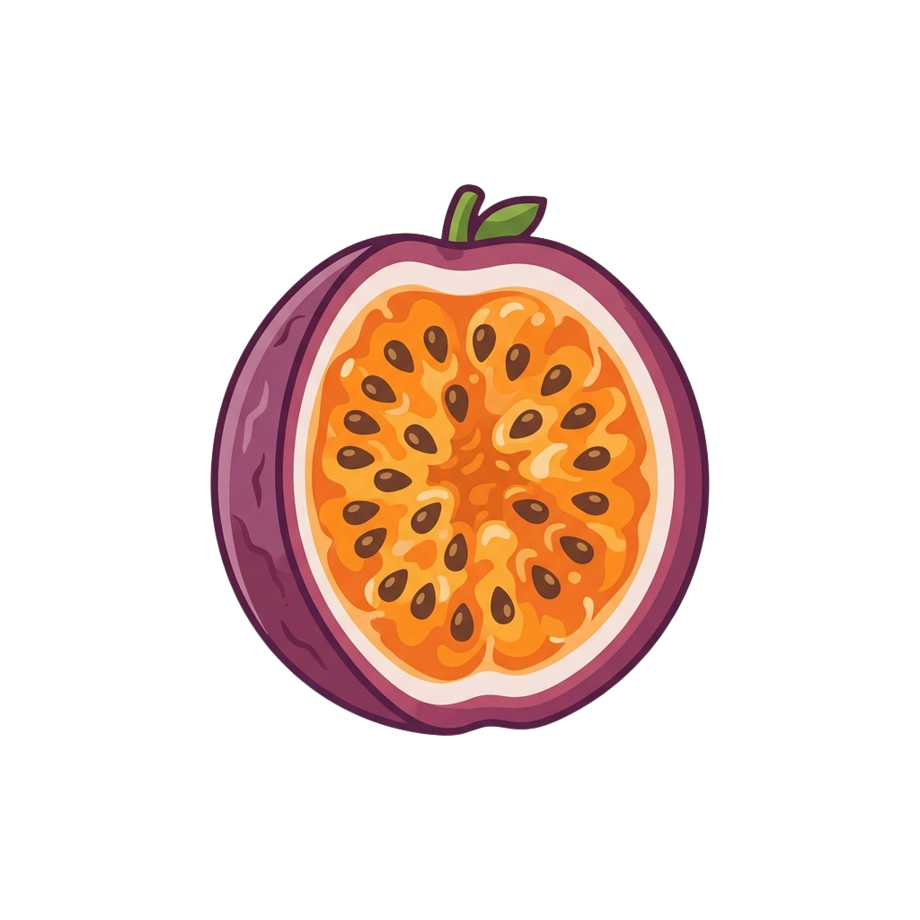 A cut passion fruit showing its juicy interior and numerous black seeds