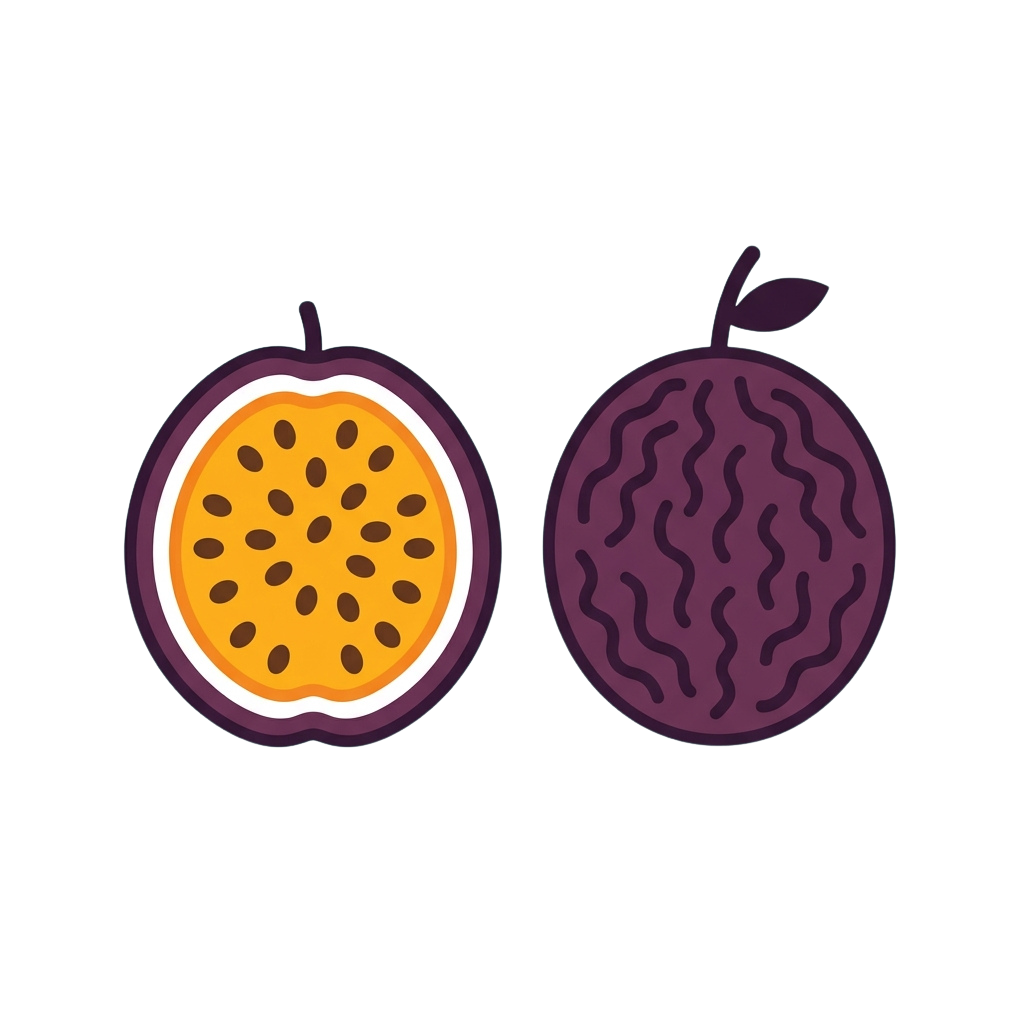 Cross-section of passion fruit showing seeds and pulp, alongside a whole purple passion fruit with leaf