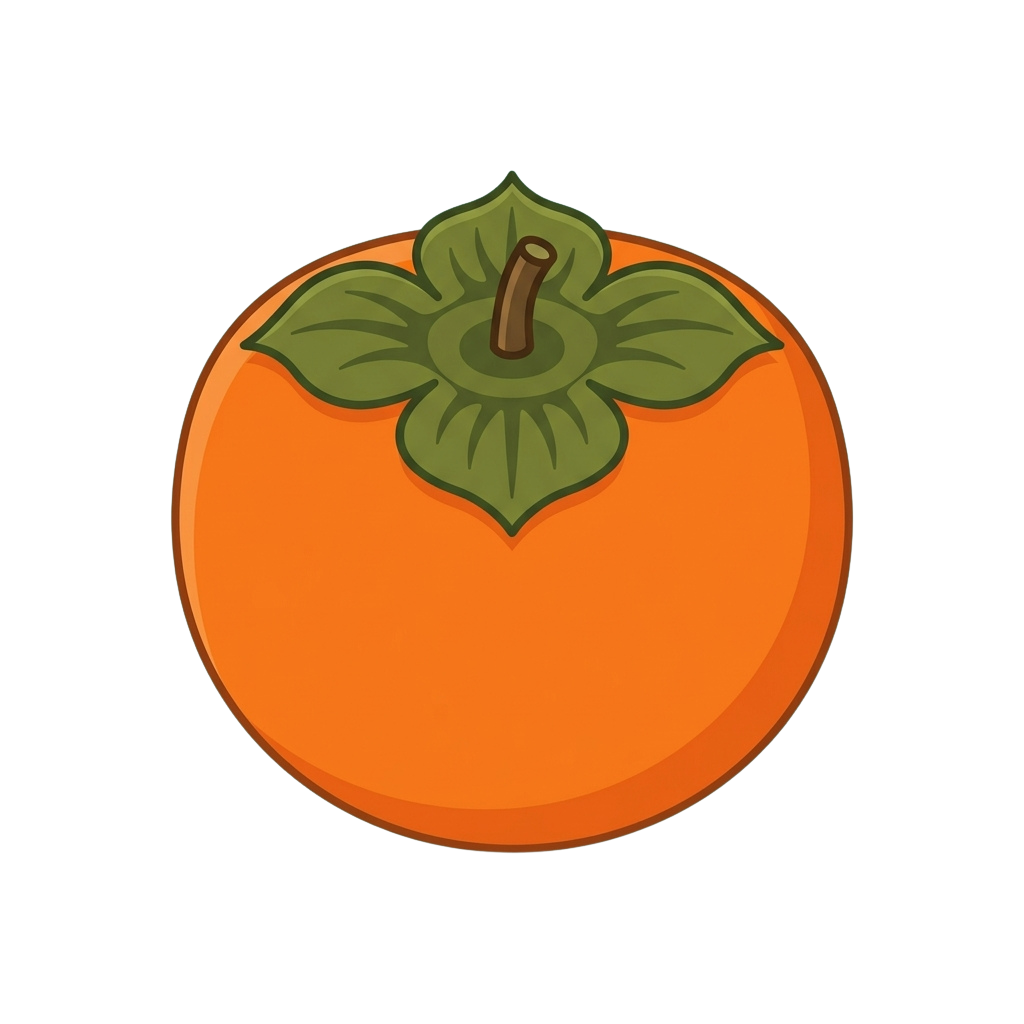 Illustration of an orange cartoon persimmon fruit with a green calyx on top