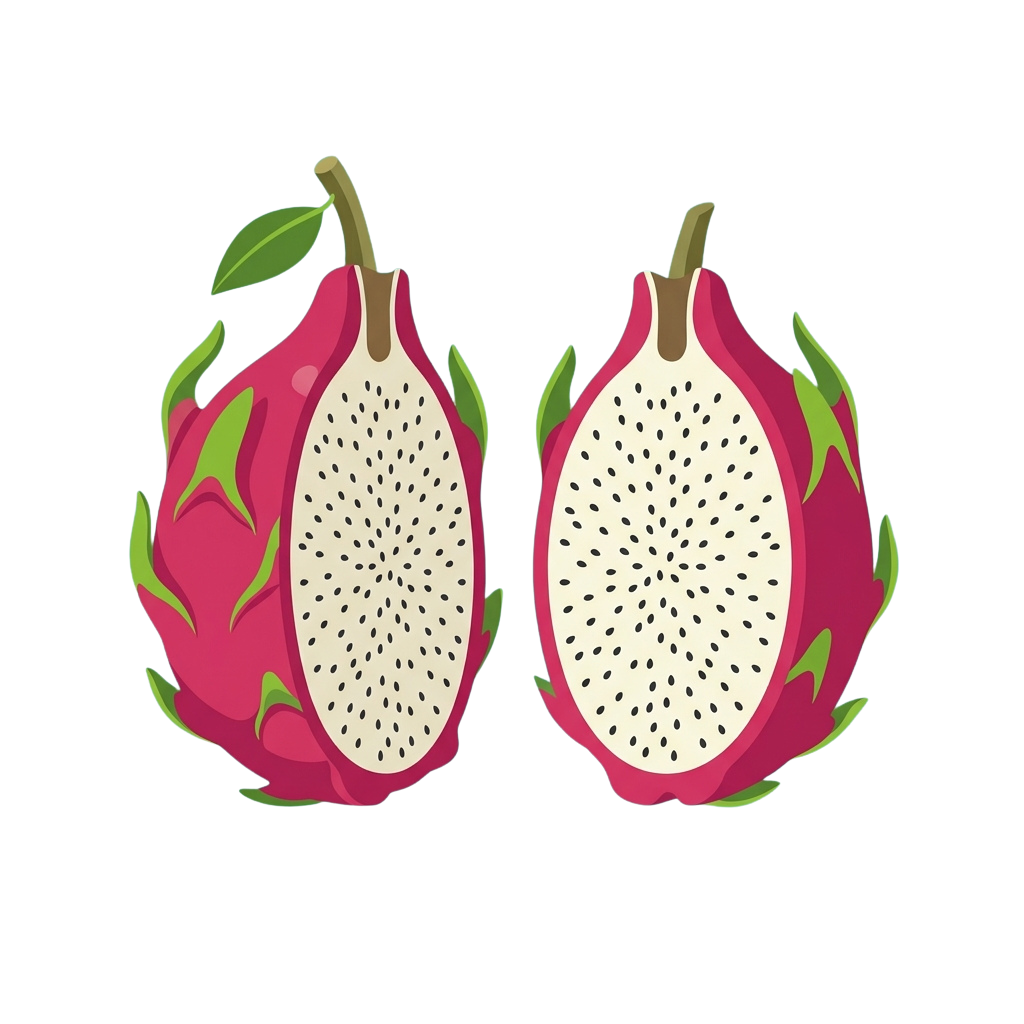 Two halves of a pink dragon fruit cut open showing white flesh and black seeds