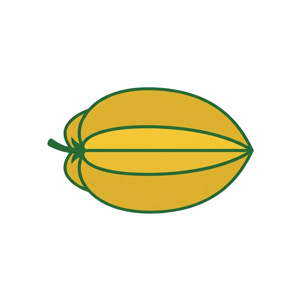 A stylized cartoon melon with green rind and yellow flesh, sitting on a black background