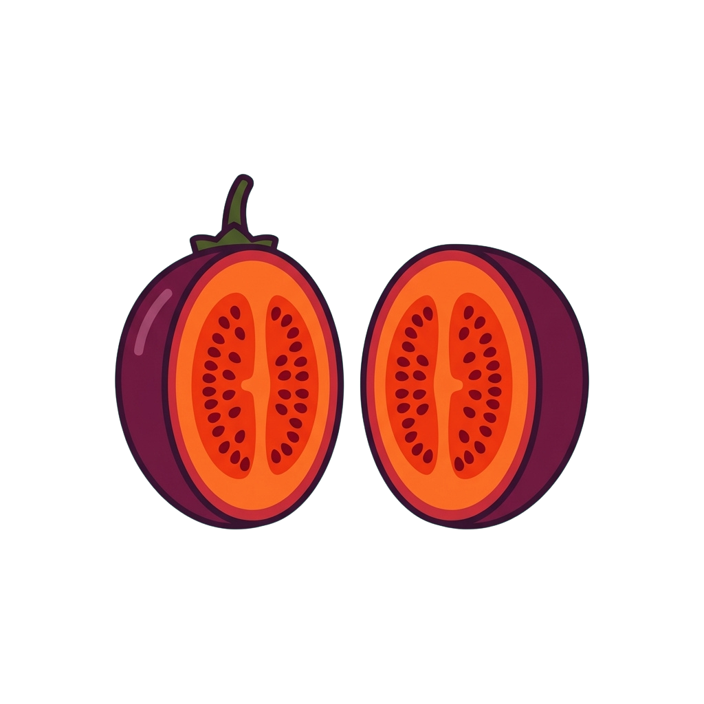 Two halves of a purple eggplant cut lengthwise revealing inner seeds and orange flesh