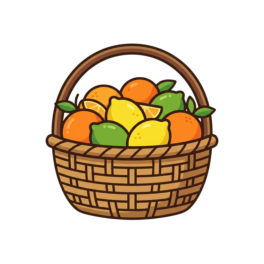 A woven basket filled with oranges, lemons, and limes with green leaves on top