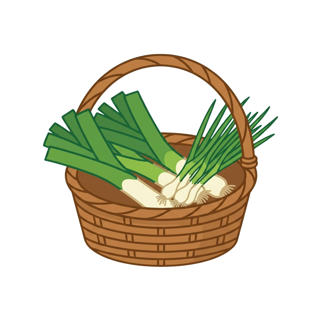A woven basket filled with green onions and scallions with white bulbs and long green leaves