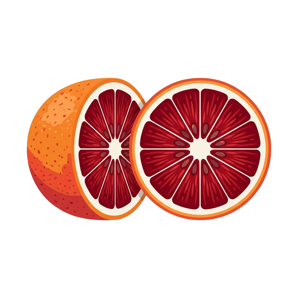 Two halves of a blood orange showing deep red flesh and orange skin