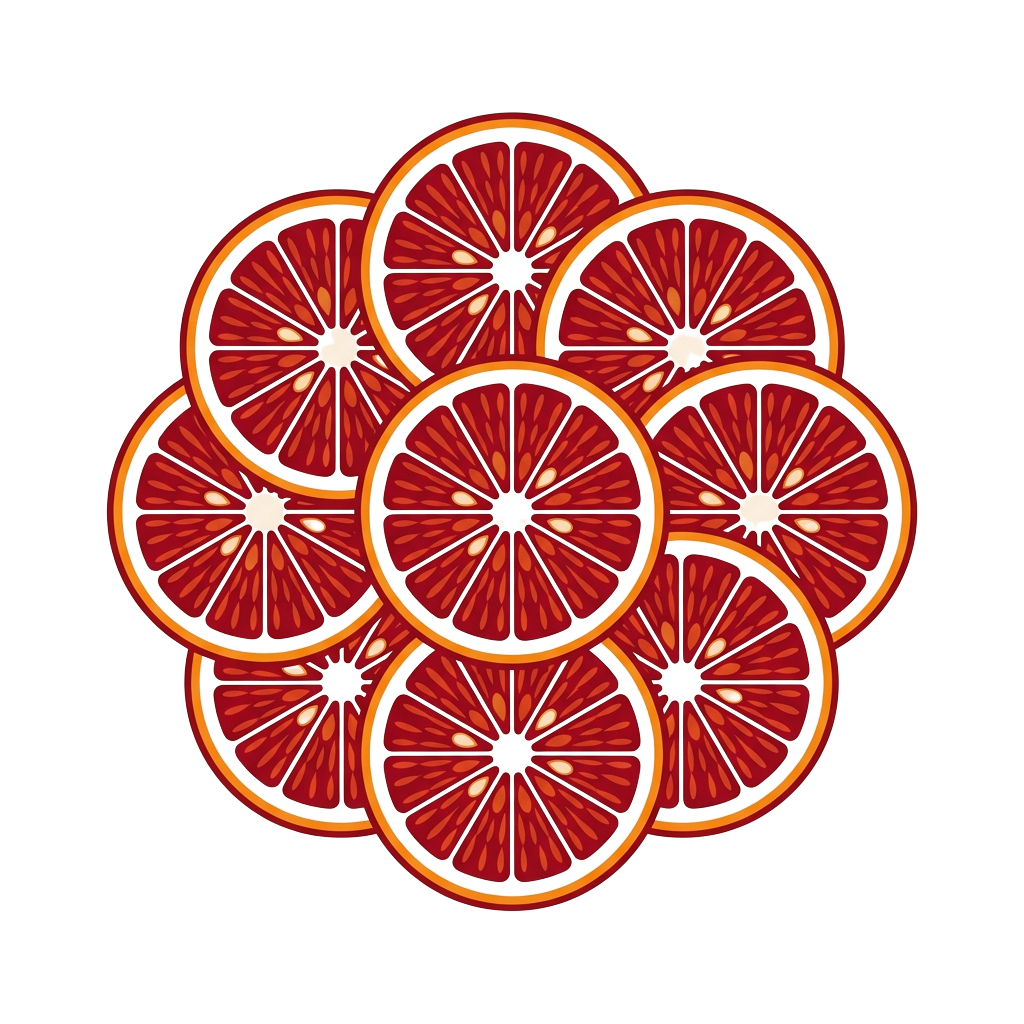 Seven grilled grapefruit slices arranged in a circular pattern on a black background