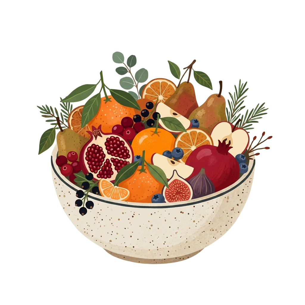 Ceramic bowl filled with a variety of colorful fresh fruits like oranges, pomegranates, and berries, garnished with green leaves