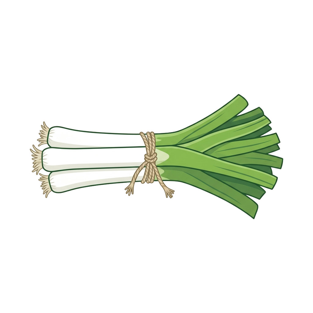 Two white leeks tied together with a natural twine and a bunch of green leeks.