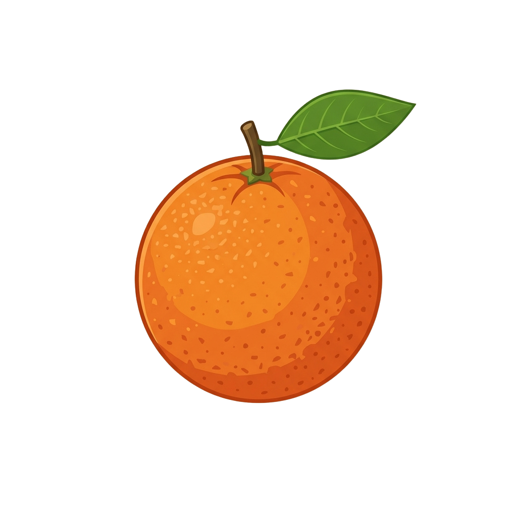 A bright orange with a green leaf attached, shown in a simple illustration style.