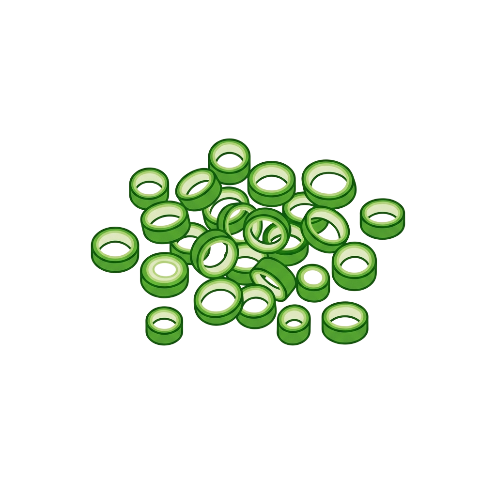 A cluster of green rubber washers in various sizes arranged together on a black background