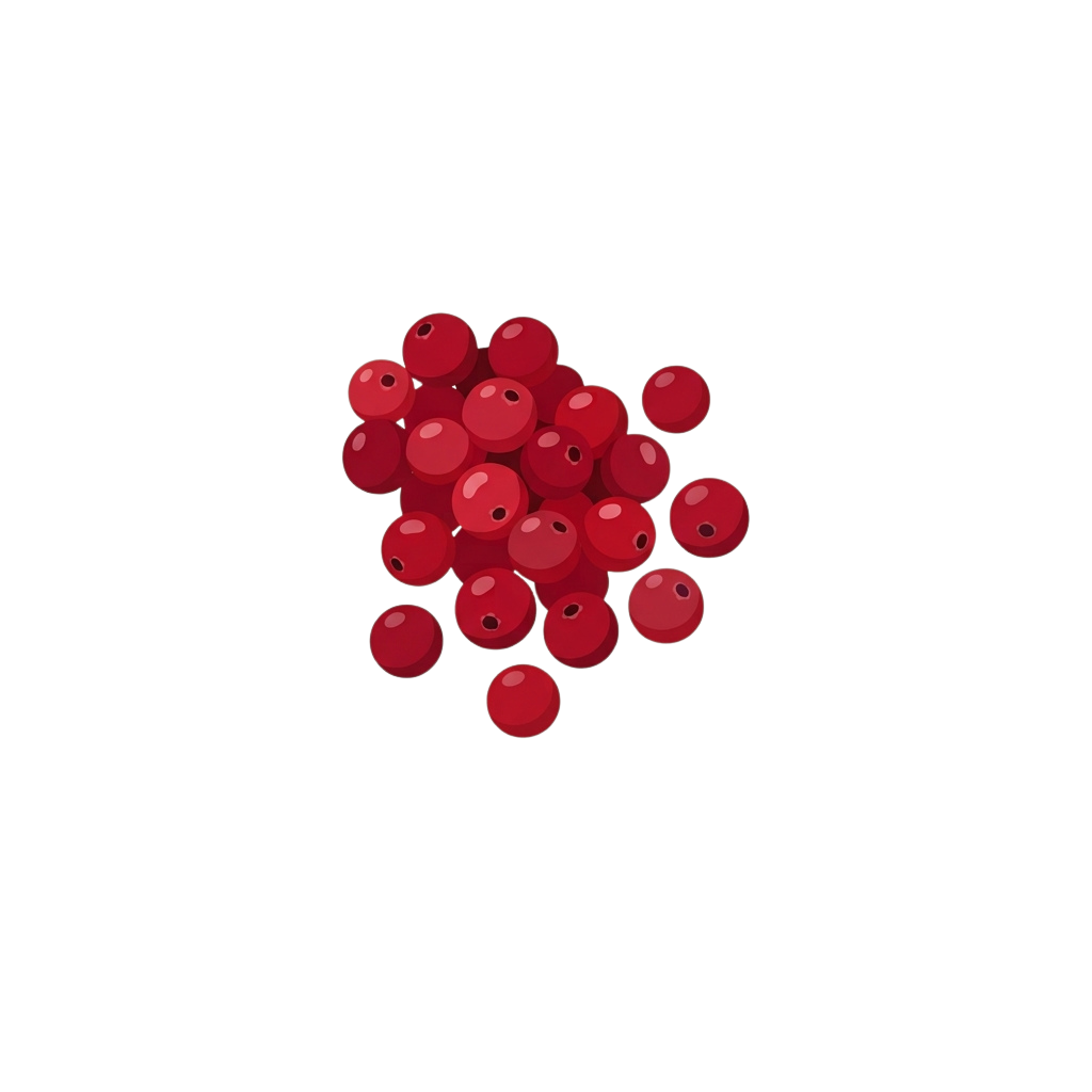 A group of small red beads with holes, clustered together against a black background