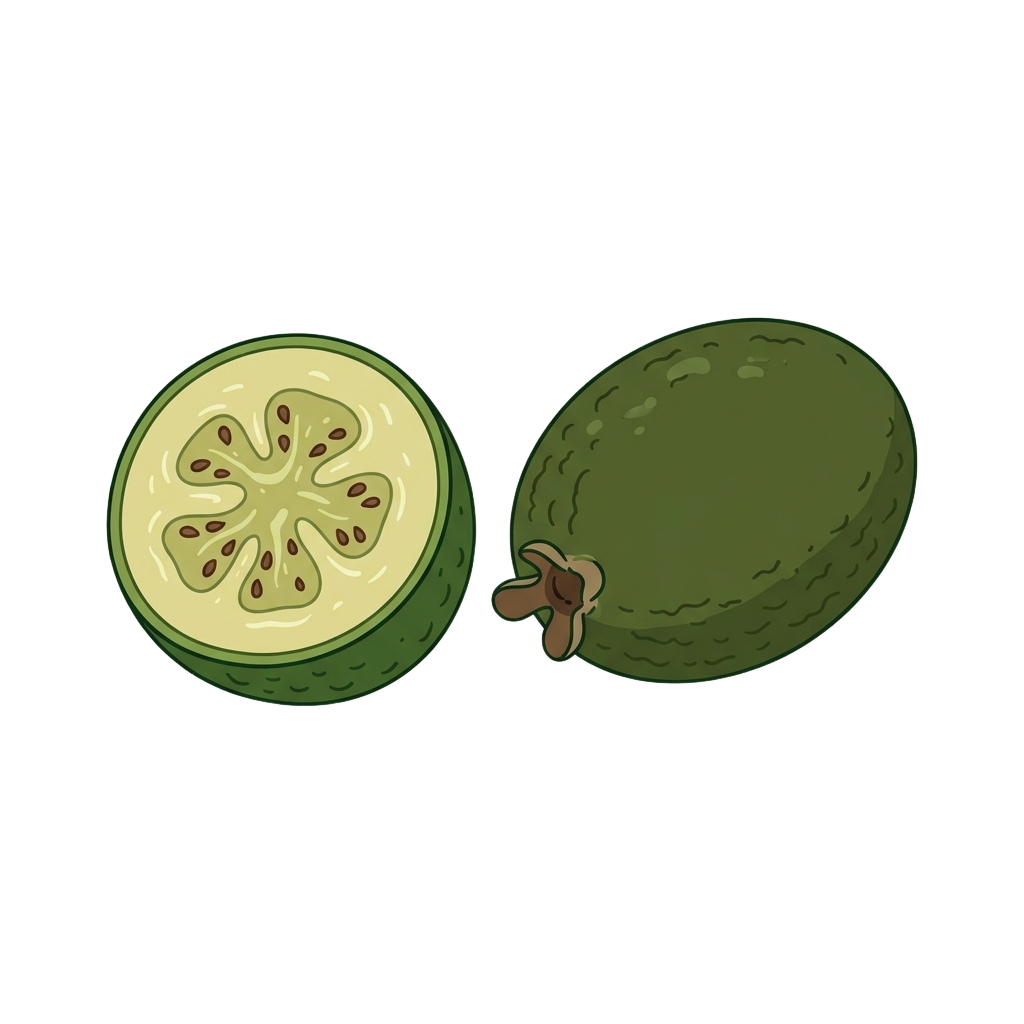 Illustration of a whole green guava fruit next to a cross-section revealing its star-shaped core and seeds