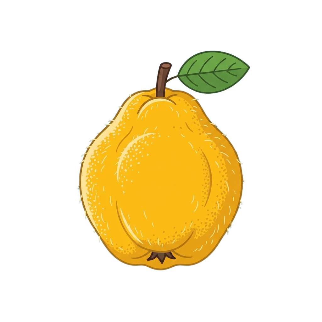 A stylized illustration of a yellow pear with a green leaf attached, set against a black background