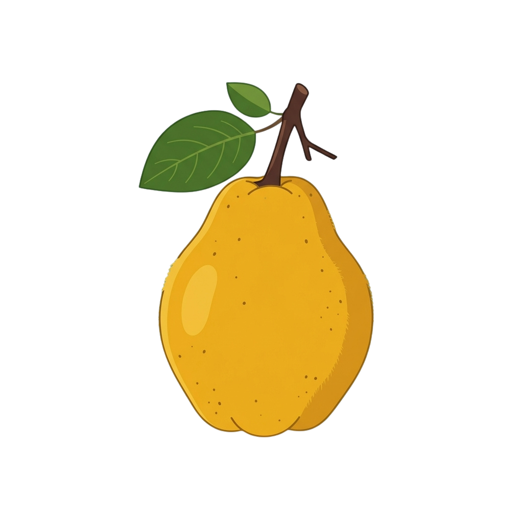A bright yellow pear with a green leaf attached, depicted in a simple illustration style.