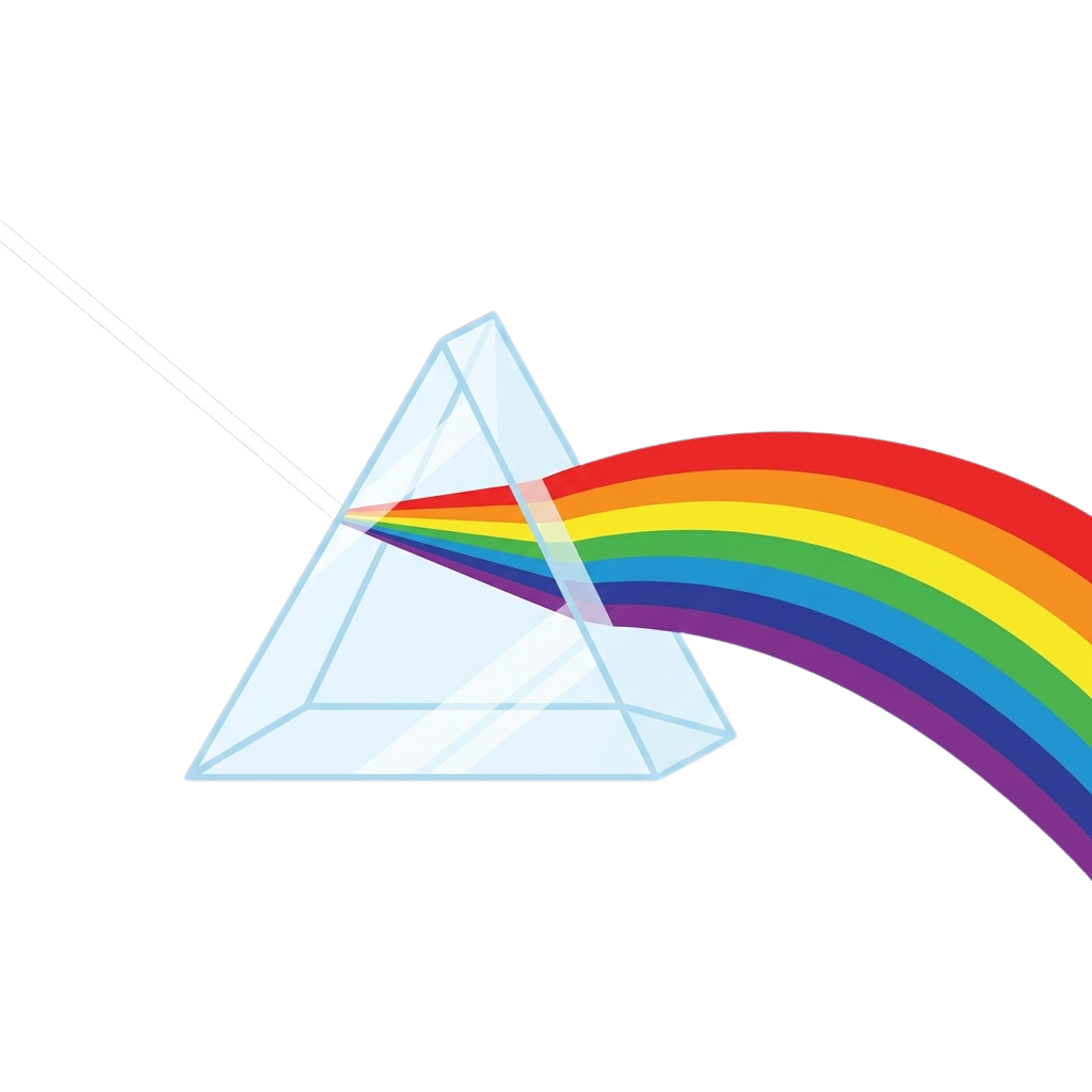 A triangular prism refracting white light into a rainbow spectrum of colors