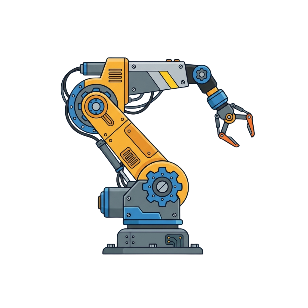 Illustration of a colorful robotic arm with gears and mechanical joints on a dark background