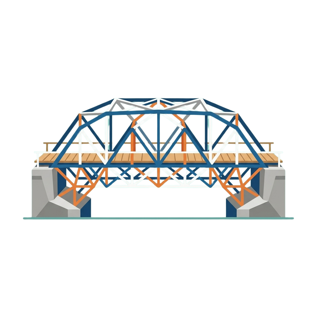 Illustration of a truss bridge showing structural framework with beams, supports, and decking