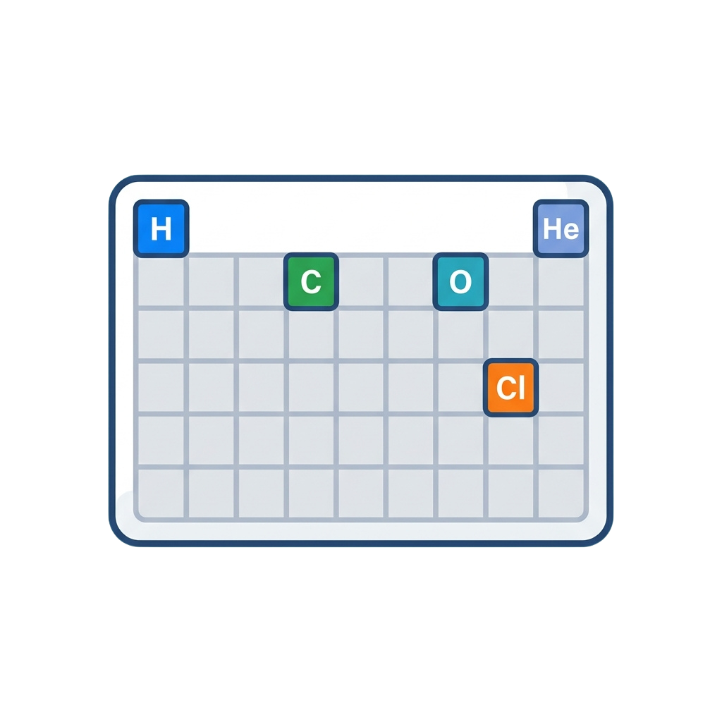 Grid showing hydrogen, helium, carbon, oxygen, and chlorine elements on a periodic table layout