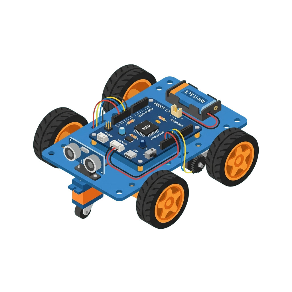 A small robot car kit featuring a blue circuit board with Arduino components and four orange wheels
