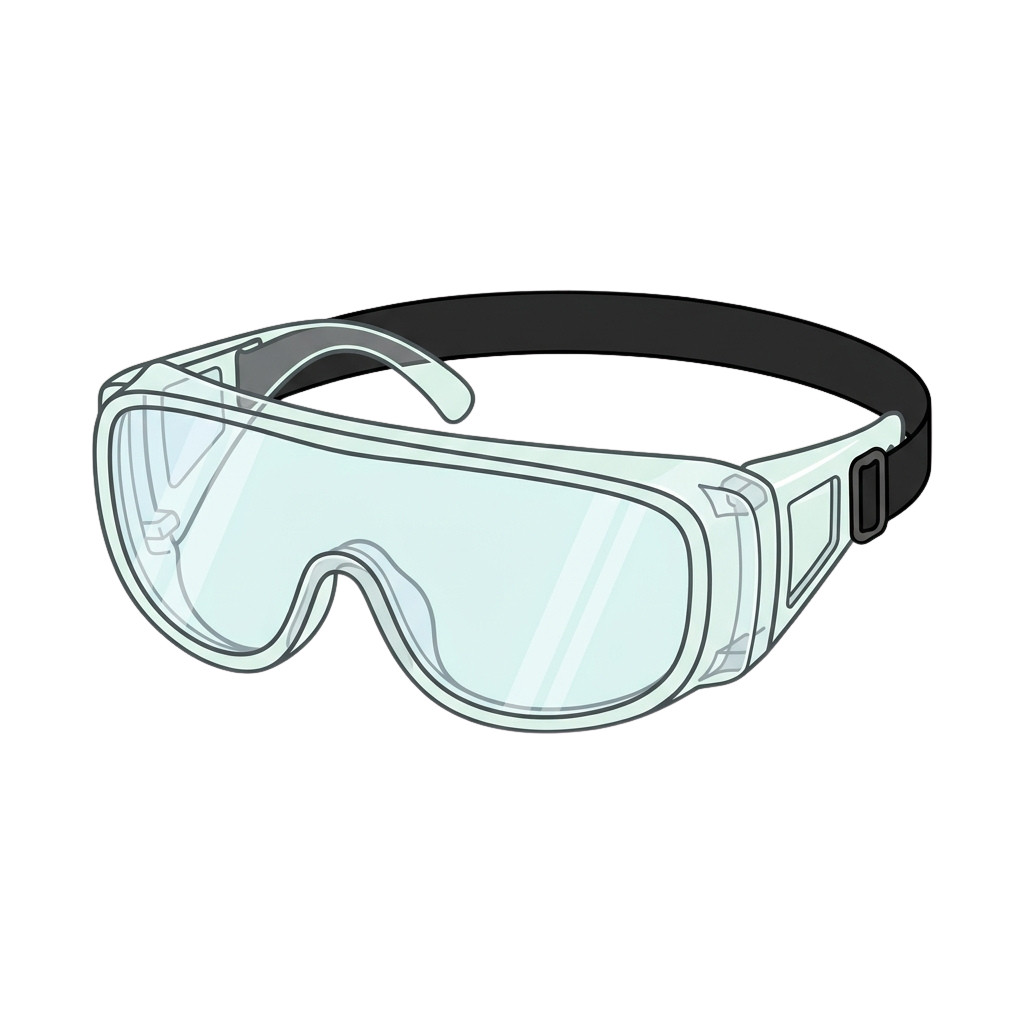 A pair of transparent safety goggles with a clear lens and adjustable side arms on a black background