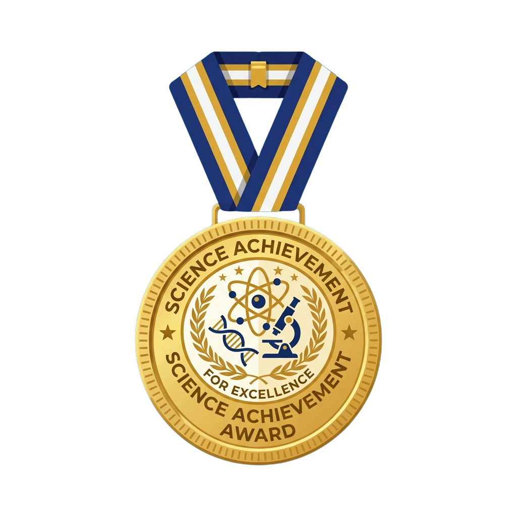 Gold medal with blue ribbon for science achievement award featuring lab symbols and text