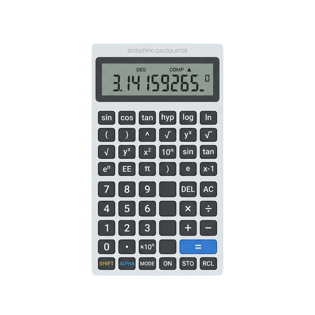 Scientific calculator showing the number 3.14159265 on its screen with various function buttons below