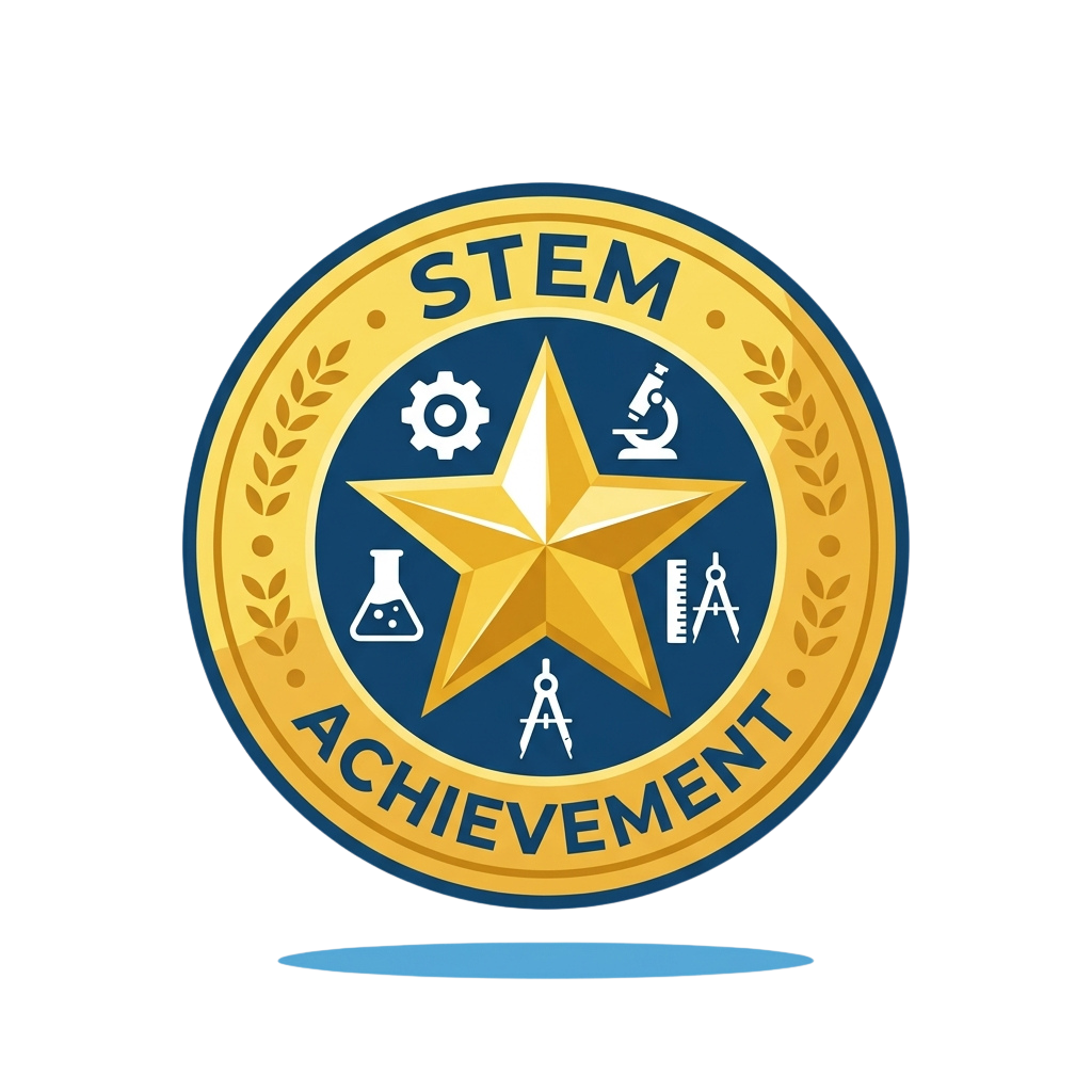 A STEM achievement badge featuring a star with icons of a gear, microscope, beaker, and compass, surrounded by laurel leaves.