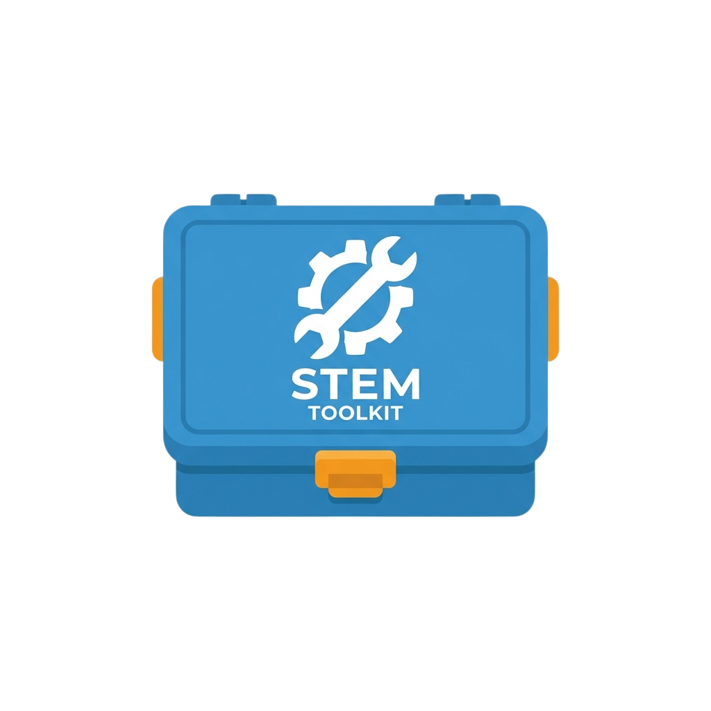 Blue toolkit box labeled STEM Toolkit featuring white gear and wrench icons