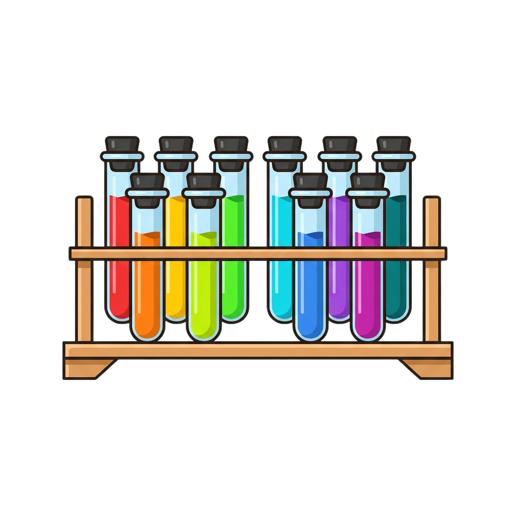 Eight test tubes with different colored liquids arranged in a wooden rack