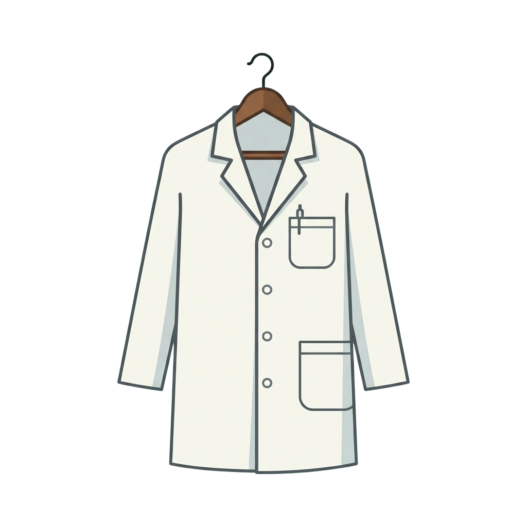 Illustration of a white lab coat hanging on a wooden hanger against a black background