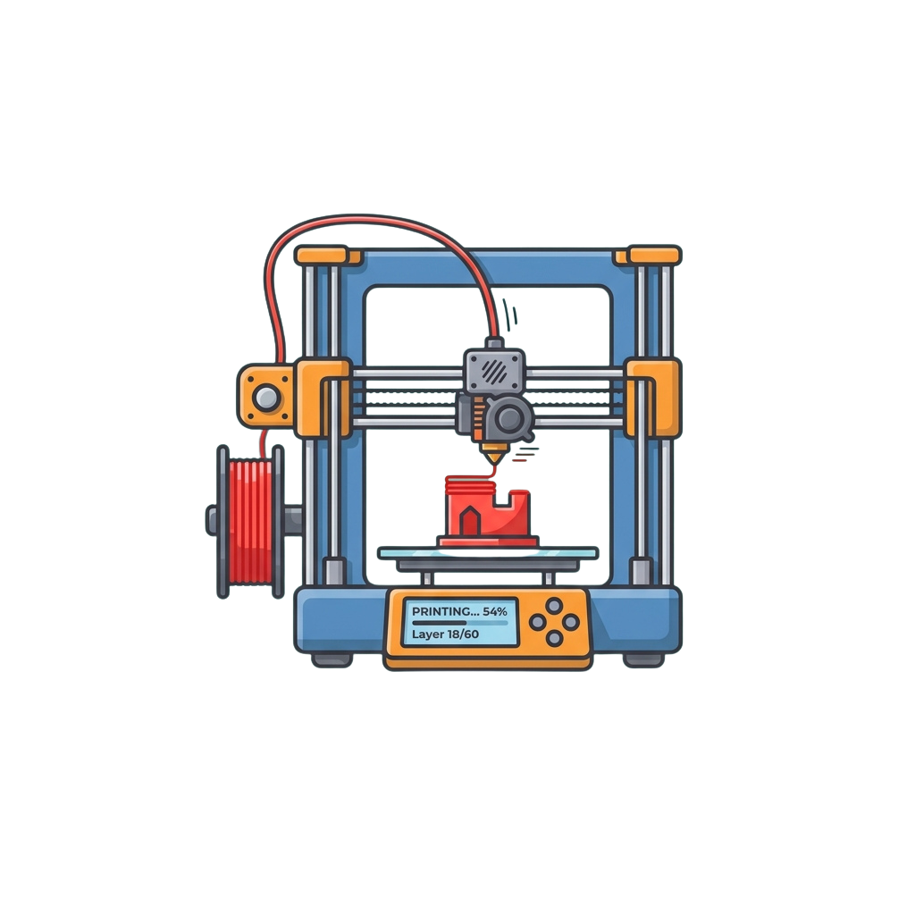 A 3D printer actively printing a small red object on its build platform, showing 54 percent completion with layer 18 of 60.