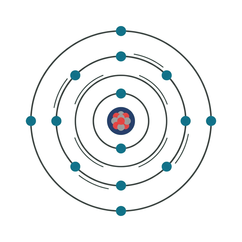 Diagram showing the atomic structure of neon with a nucleus and three electron shells containing a total of ten electrons