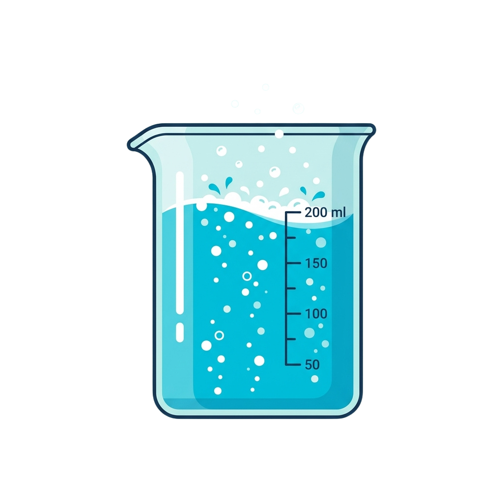 Illustration of a clear beaker filled with bubbly blue liquid up to 200 ml mark