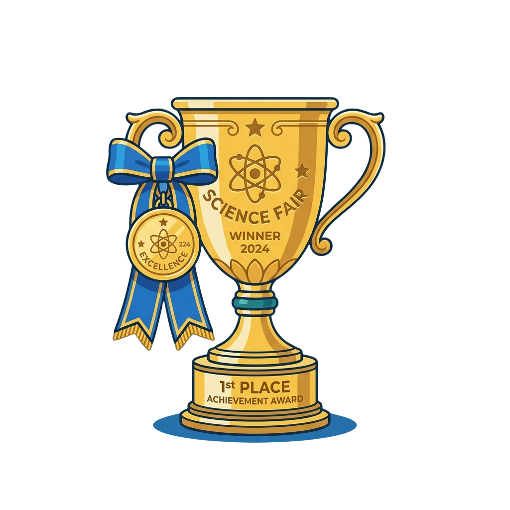 Illustration of a golden trophy with a blue ribbon for Science Fair Winner 2024 first place award