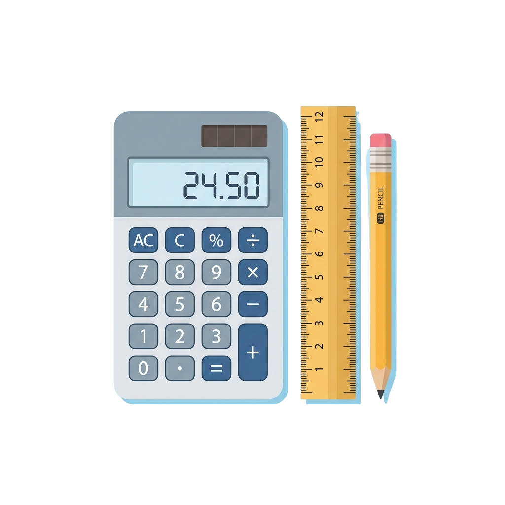 Illustration of a calculator displaying 24.50, a wooden ruler, and a pencil on a black background