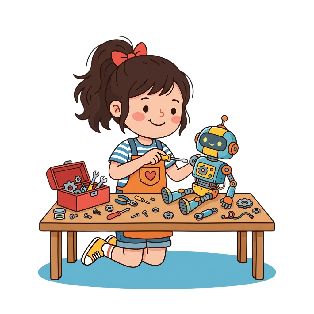 A young girl in an apron fixing a colorful robot toy with various tools on a workbench