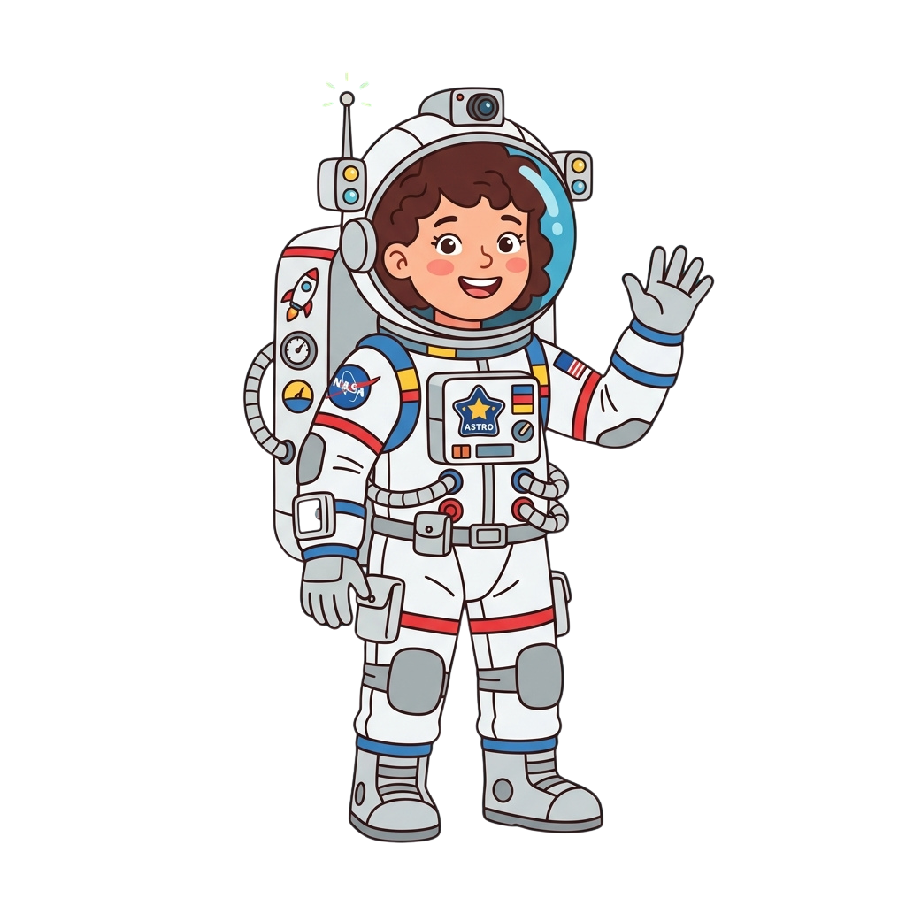 A cheerful cartoon child in a detailed astronaut suit waving with one hand