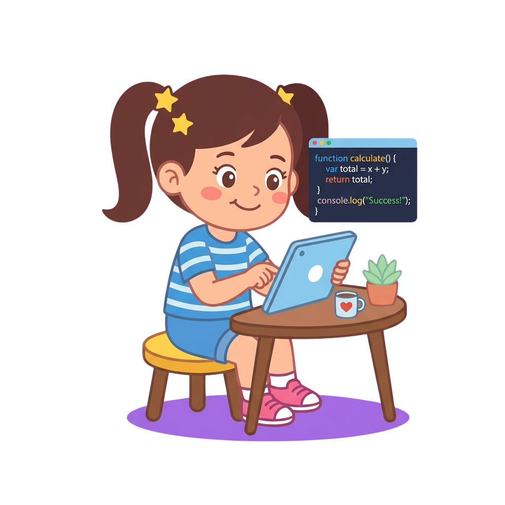 A smiling young girl sitting at a small table coding on a tablet showing a simple JavaScript function.