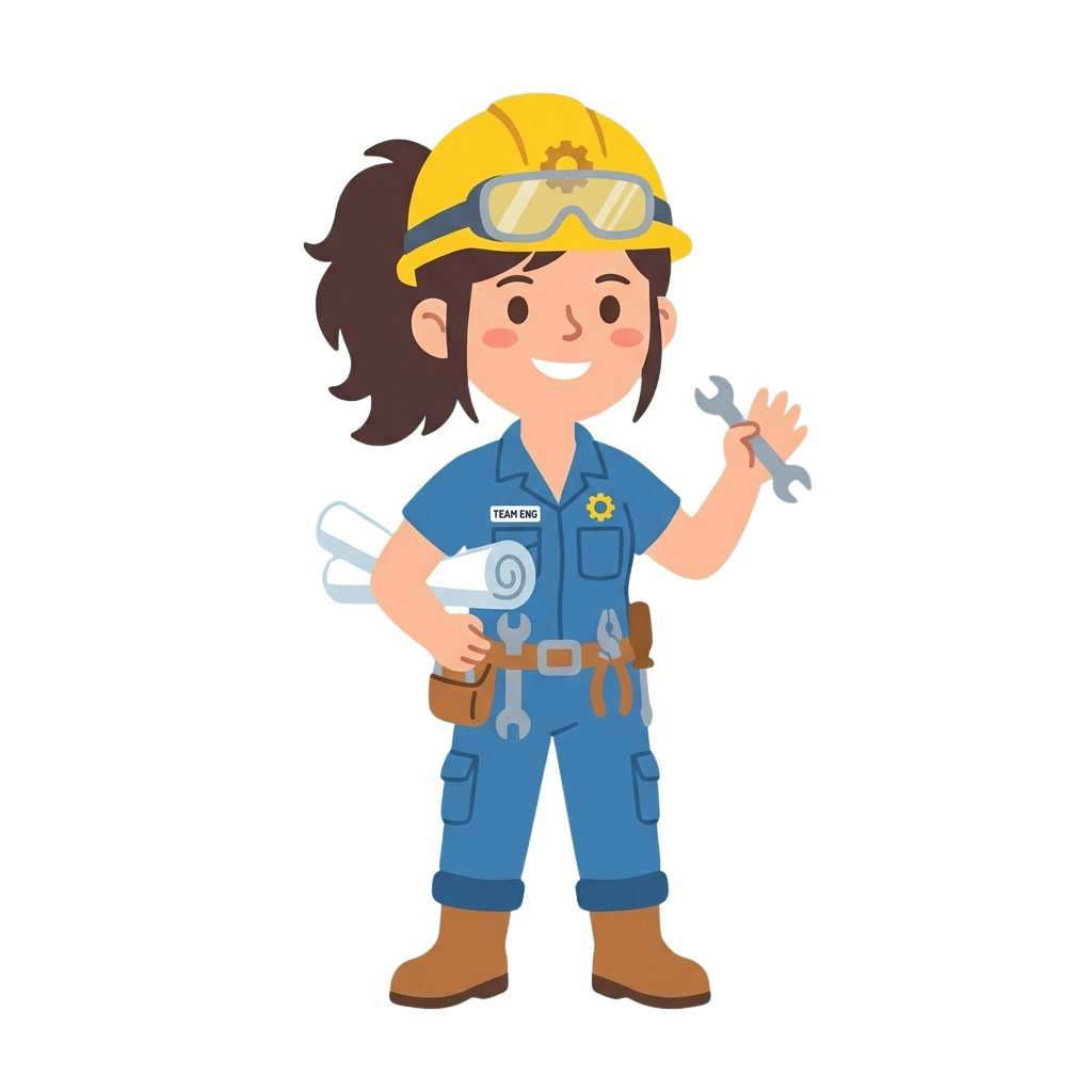 Smiling female engineer in blue work uniform holding tools and a wrench