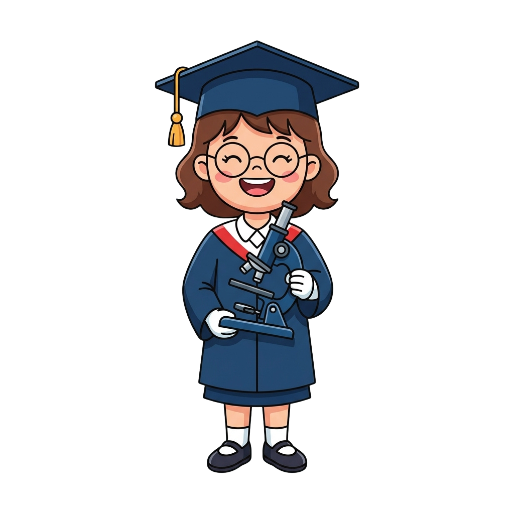 Smiling cartoon girl in graduation gown and cap holding a microscope