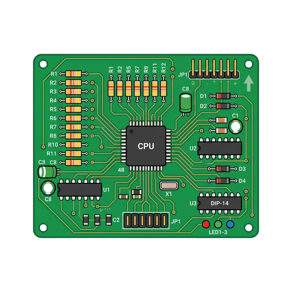 Image of a green printed circuit board featuring a CPU, resistors, capacitors, LEDs, and labeled connectors
