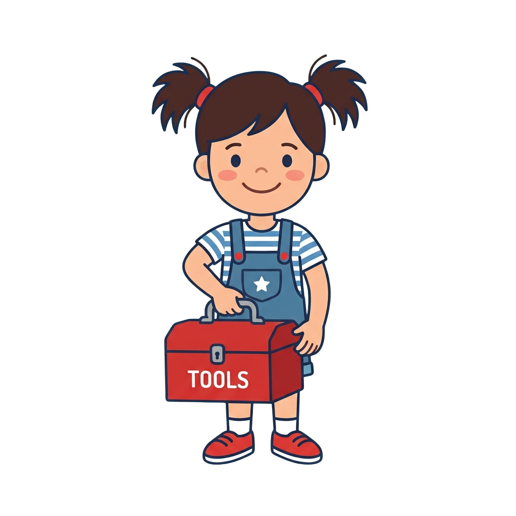 Smiling child in overalls holding a red toolbox labeled TOOLS