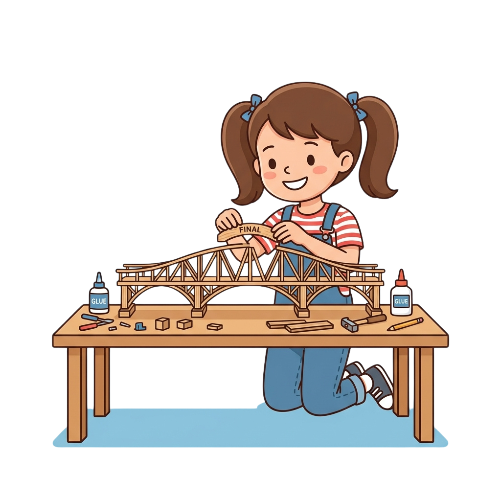 A smiling child assembling a wooden bridge model on a table with glue bottles and craft tools.