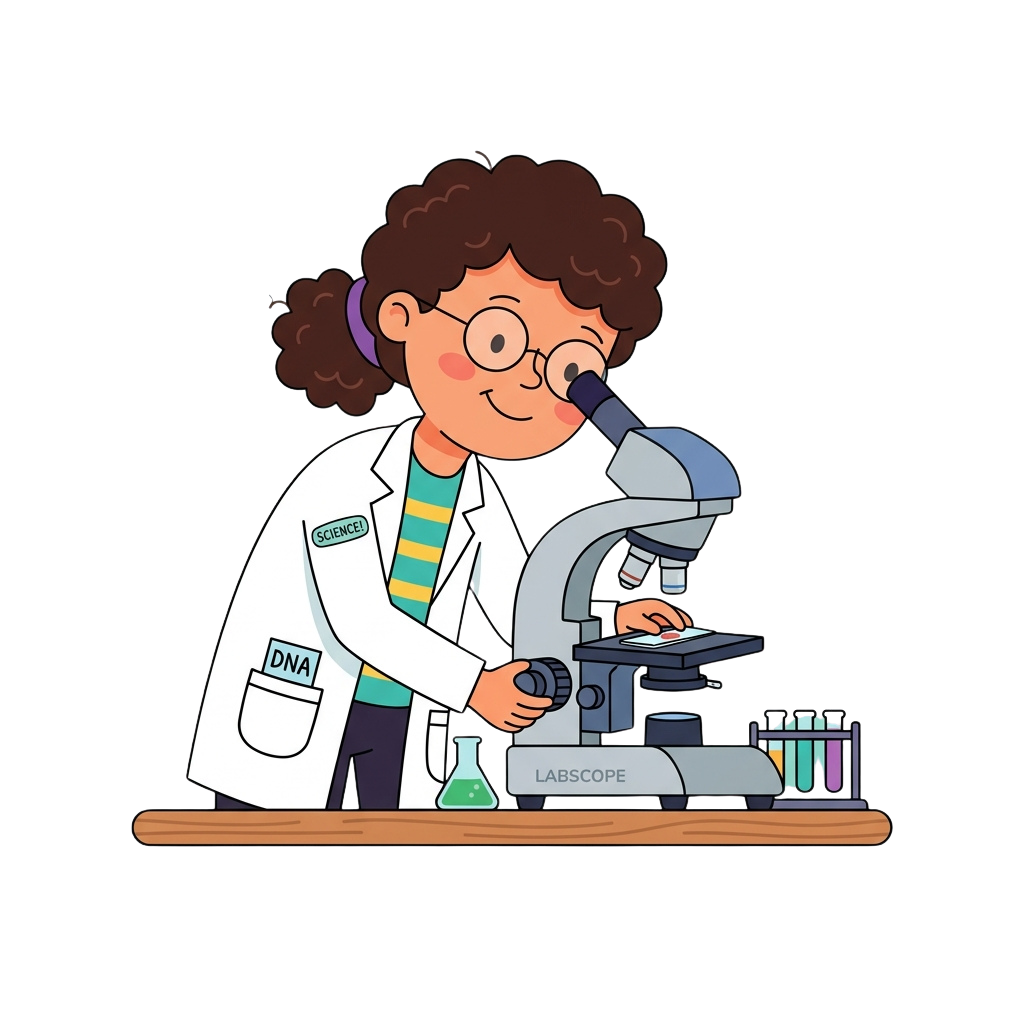A cartoon scientist wearing glasses and a lab coat examines a slide under a microscope.