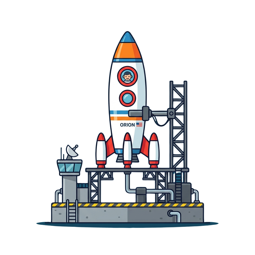 A cartoon rocket labeled Orion on a launchpad with control tower and satellite dish