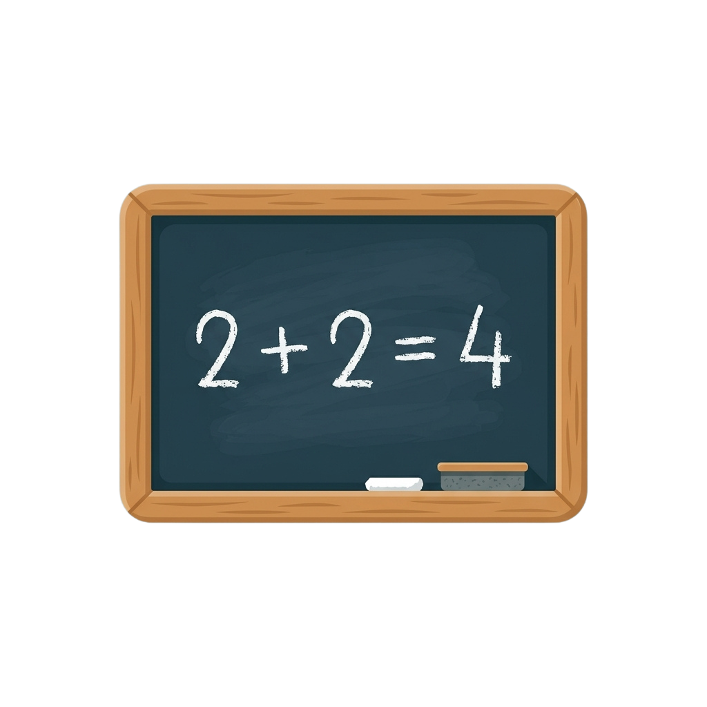 Blackboard showing the equation 2 plus 2 equals 4 with a piece of chalk and eraser below