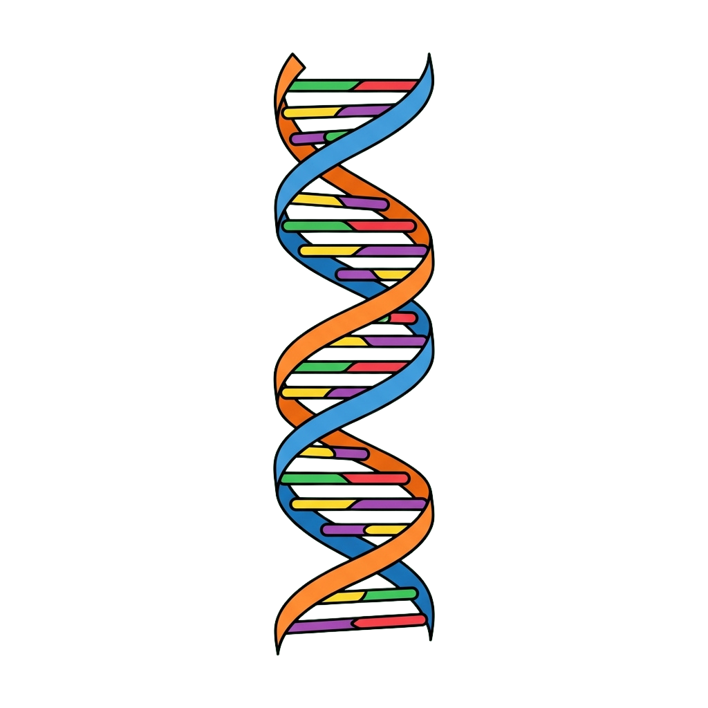 A stylized illustration of a DNA double helix with colorful base pairs