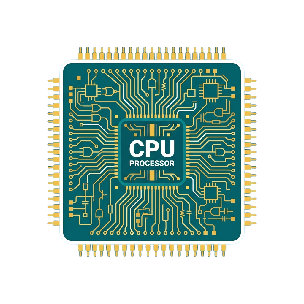 Illustration of a CPU processor chip with circuit pathways and labeled CPU Processor text